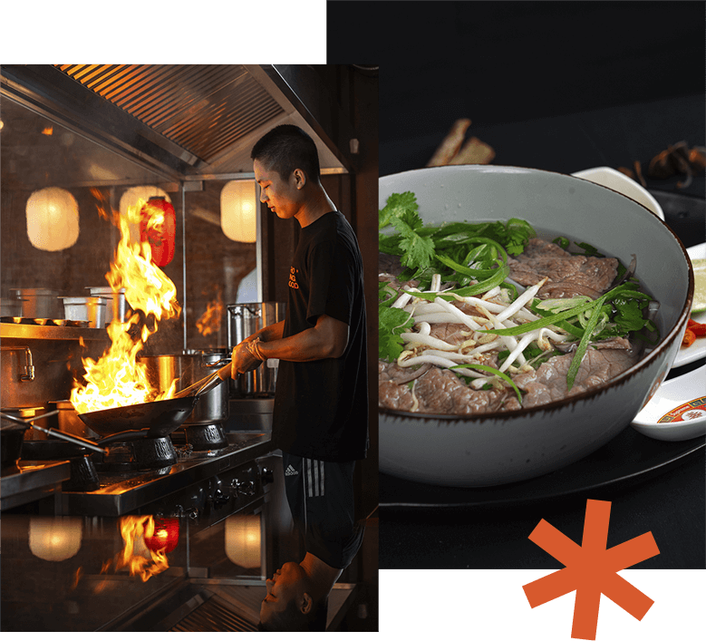 PHO KING kuchár pri plameni a misa pho